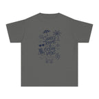 Shared Rooms and Ocean Views Youth Tee – Kids' Comfort Colors Family Travel Shirt in Pepper – flat lay