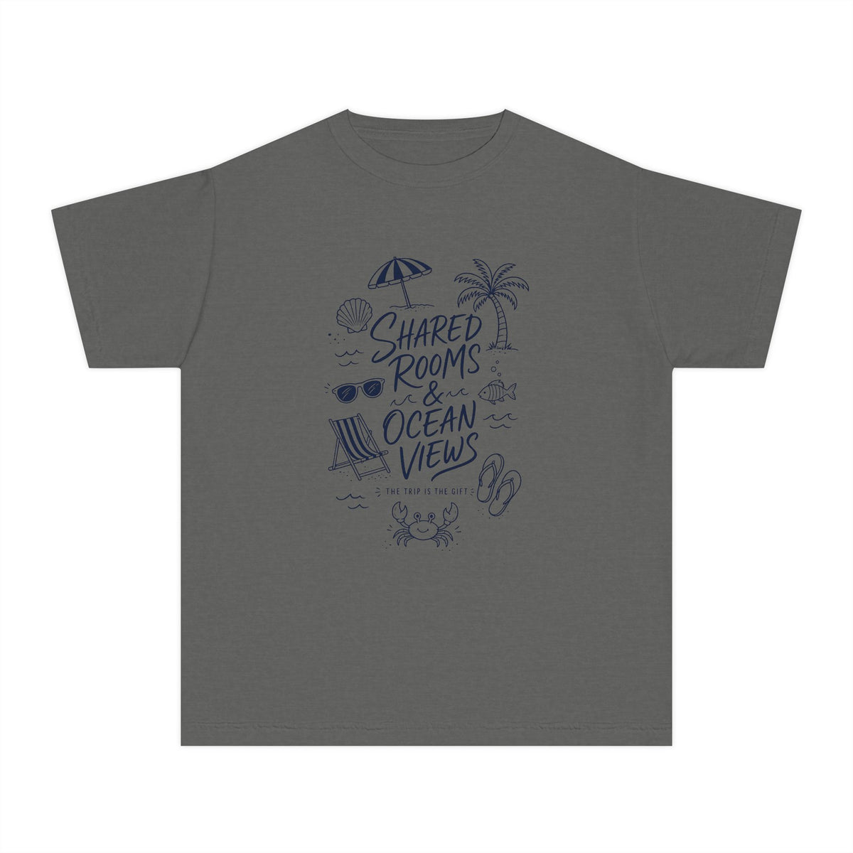 Shared Rooms and Ocean Views Youth Tee – Kids' Comfort Colors Family Travel Shirt in Pepper – flat lay