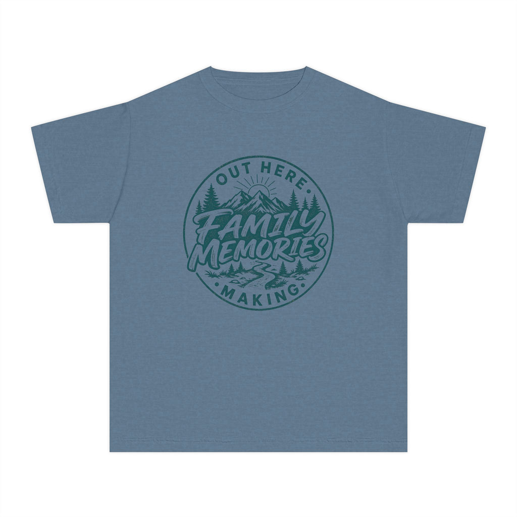Out Here Making Family Memories Youth Tee – Kids' Comfort Colors Mountain Adventure Shirt in Blue Jean – flat lay