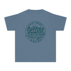Out Here Making Family Memories Youth Tee – Kids' Comfort Colors Mountain Adventure Shirt in Blue Jean – flat lay
