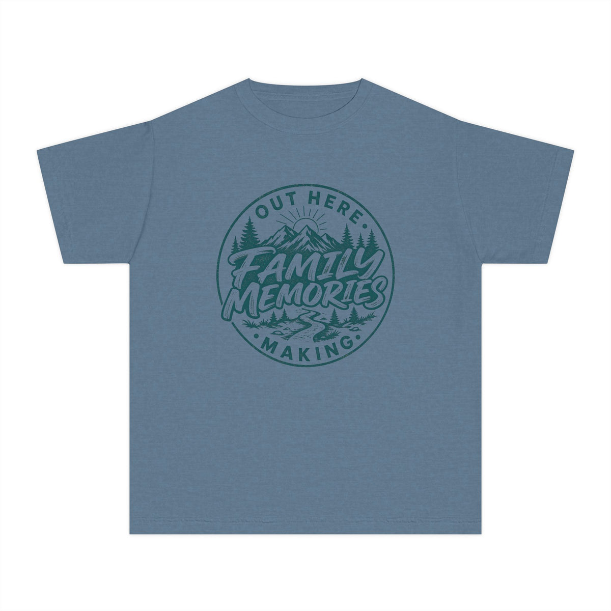 Out Here Making Family Memories Youth Tee – Kids' Comfort Colors Mountain Adventure Shirt in Blue Jean – flat lay