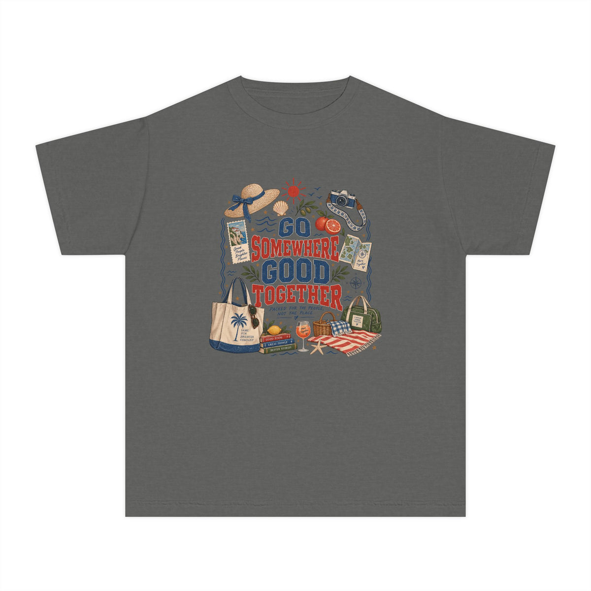 Go Somewhere Good Together Youth Tee – Kids' Comfort Colors Beach Vacation Shirt in Pepper – flat lay