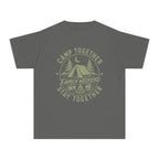 Camp Together Stay Together Family Weekend Youth Tee – Kids' Comfort Colors Camping Shirt in Pepper – flat lay