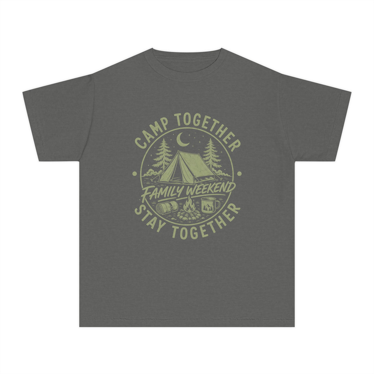 Camp Together Stay Together Family Weekend Youth Tee – Kids' Comfort Colors Camping Shirt in Pepper – flat lay