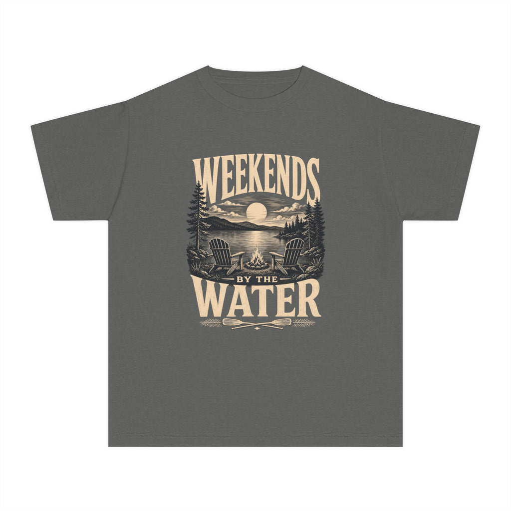 Weekends by the Water Youth Tee – Kids' Comfort Colors Lake Vacation Shirt in Pepper – flat lay