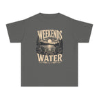 Weekends by the Water Youth Tee – Kids' Comfort Colors Lake Vacation Shirt in Pepper – flat lay