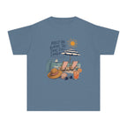 Meet Me Where the Days Feel Longer Youth Tee – Kids' Comfort Colors Beach Vacation Shirt in Blue Jean – flat lay