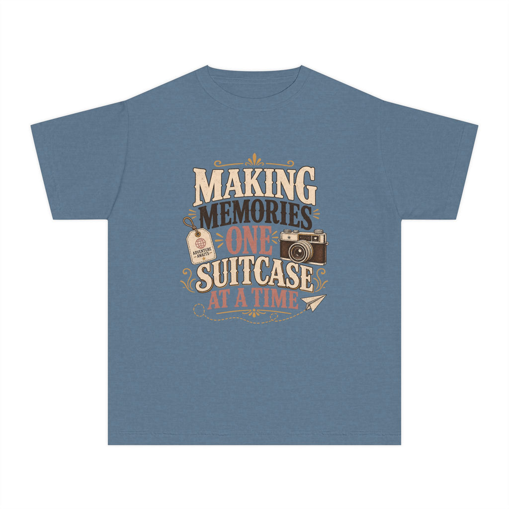 Making Memories One Suitcase at a Time Youth Tee – Kids' Comfort Colors Family Travel Shirt in Blue Jean – flat lay