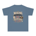 Making Memories One Suitcase at a Time Youth Tee – Kids' Comfort Colors Family Travel Shirt in Blue Jean – flat lay