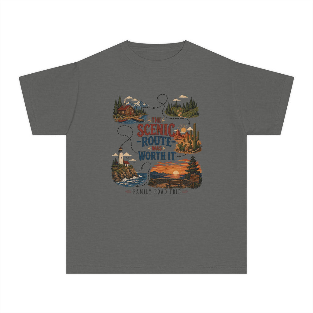 The Scenic Route Was Worth It Youth Tee – Kids' Comfort Colors Road Trip Shirt in Pepper – flat lay