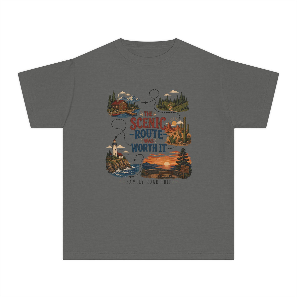 The Scenic Route Was Worth It Youth Tee – Kids' Comfort Colors Road Trip Shirt in Pepper – flat lay