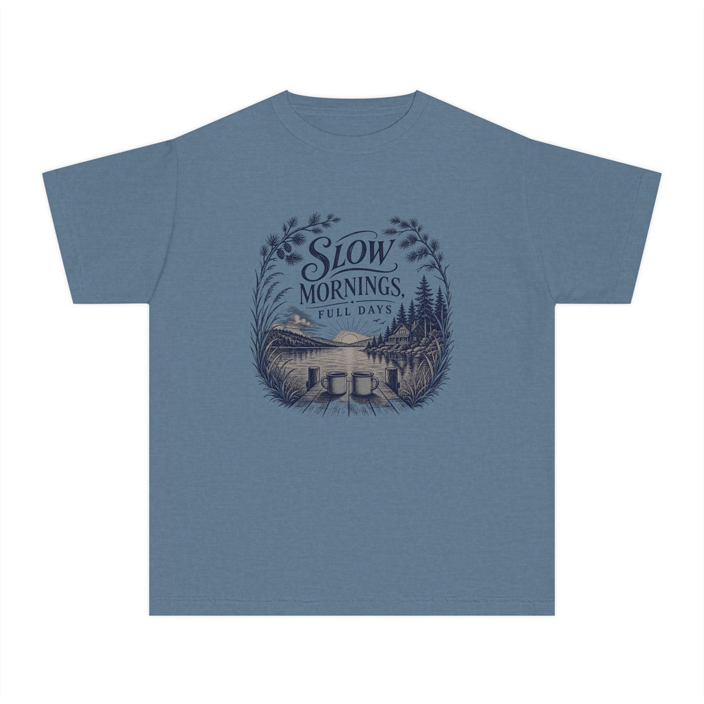 Slow Mornings Full Days Youth Tee – Kids' Comfort Colors Lake Vacation Shirt in Blue Jean – flat lay