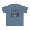 Slow Mornings Full Days Youth Tee – Kids' Comfort Colors Lake Vacation Shirt in Blue Jean – flat lay