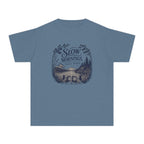 Slow Mornings Full Days Youth Tee – Kids' Comfort Colors Lake Vacation Shirt in Blue Jean – flat lay