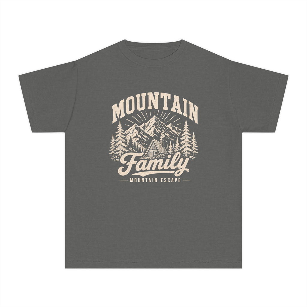 Family Mountain Escape Youth Tee – Kids' Comfort Colors Cabin Weekend Shirt in Pepper – flat lay