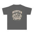 Family Mountain Escape Youth Tee – Kids' Comfort Colors Cabin Weekend Shirt in Pepper – flat lay