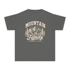 Family Mountain Escape Youth Tee – Kids' Comfort Colors Cabin Weekend Shirt in Pepper – flat lay