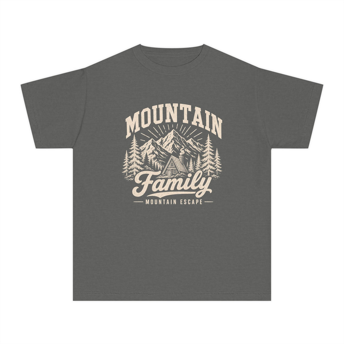 Family Mountain Escape Youth Tee – Kids' Comfort Colors Cabin Weekend Shirt in Pepper – flat lay