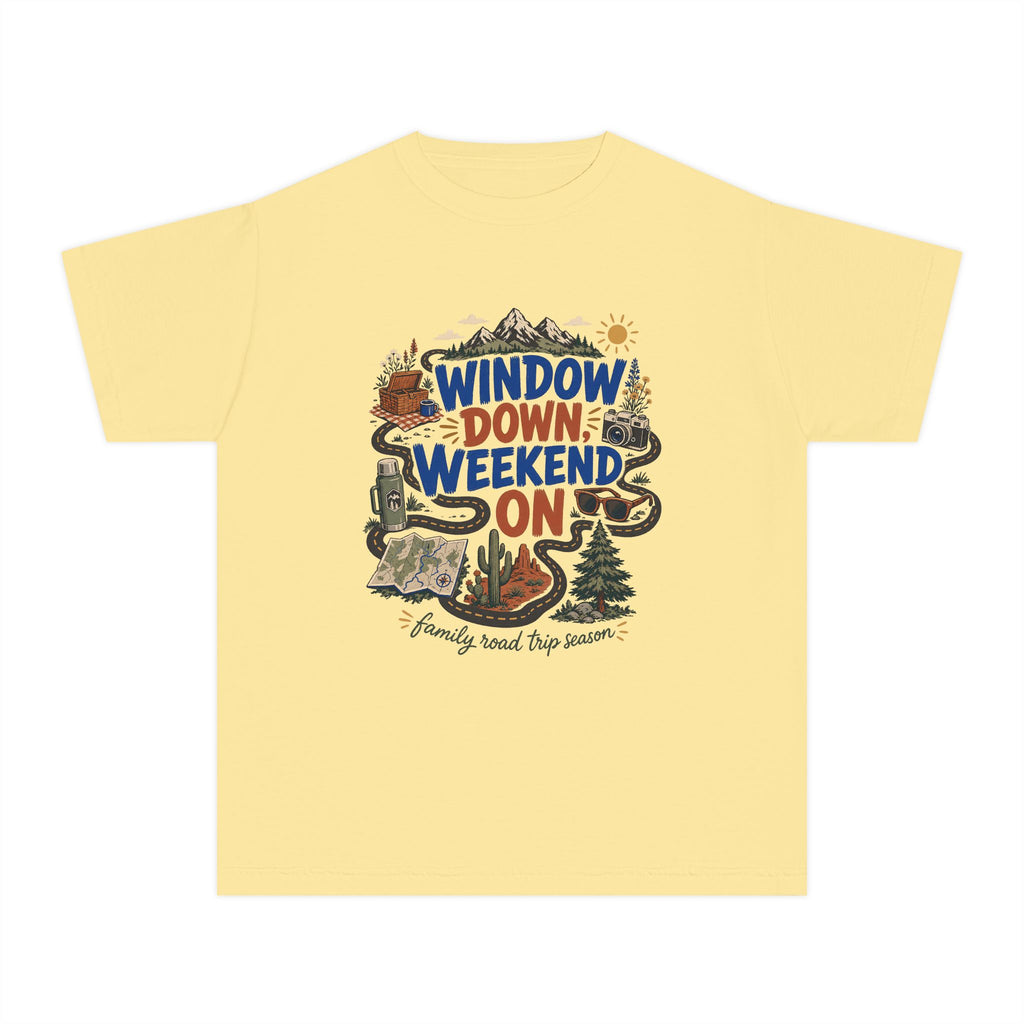 Window Down Weekend On Youth Tee – Kids' Comfort Colors Road Trip Shirt in Butter – flat lay