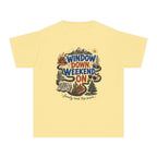 Window Down Weekend On Youth Tee – Kids' Comfort Colors Road Trip Shirt in Butter – flat lay