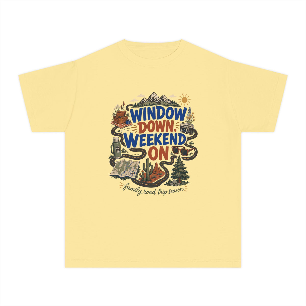 Window Down Weekend On Youth Tee – Kids' Comfort Colors Road Trip Shirt in Butter – flat lay