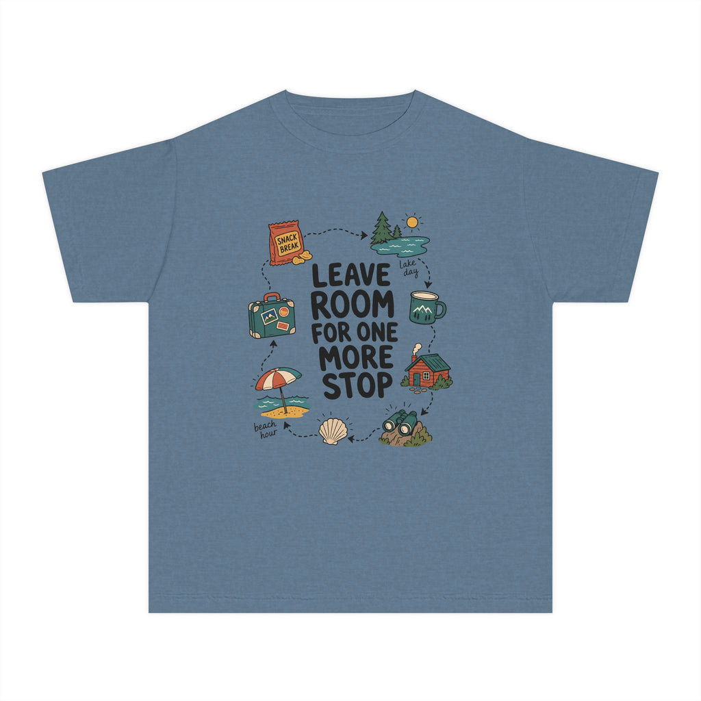 Leave Room for One More Stop Youth Tee – Kids' Comfort Colors Road Trip Shirt in Blue Jean – flat lay
