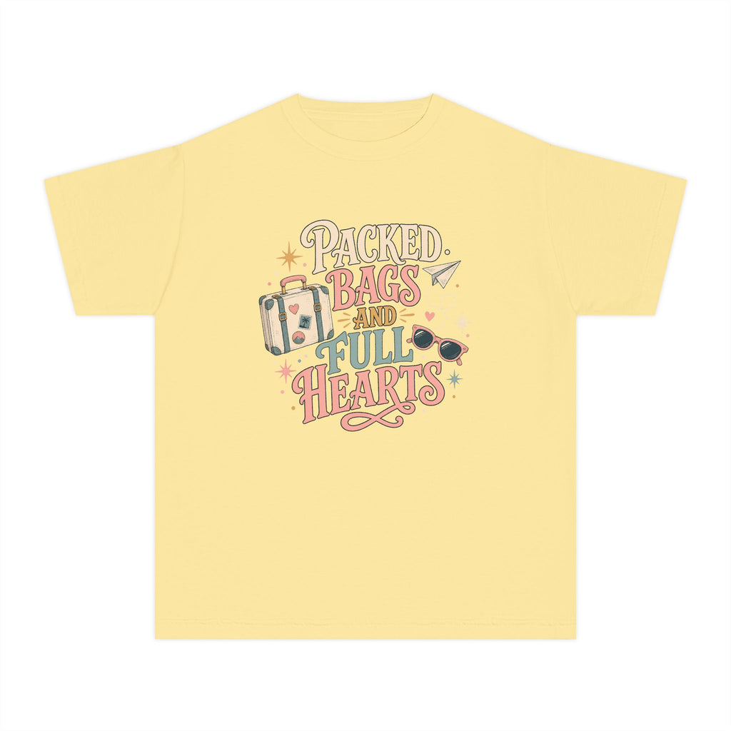 Packed Bags and Full Hearts Youth Tee – Kids' Comfort Colors Vacation Shirt in Butter – flat lay