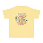 Packed Bags and Full Hearts Youth Tee – Kids' Comfort Colors Vacation Shirt in Butter – flat lay