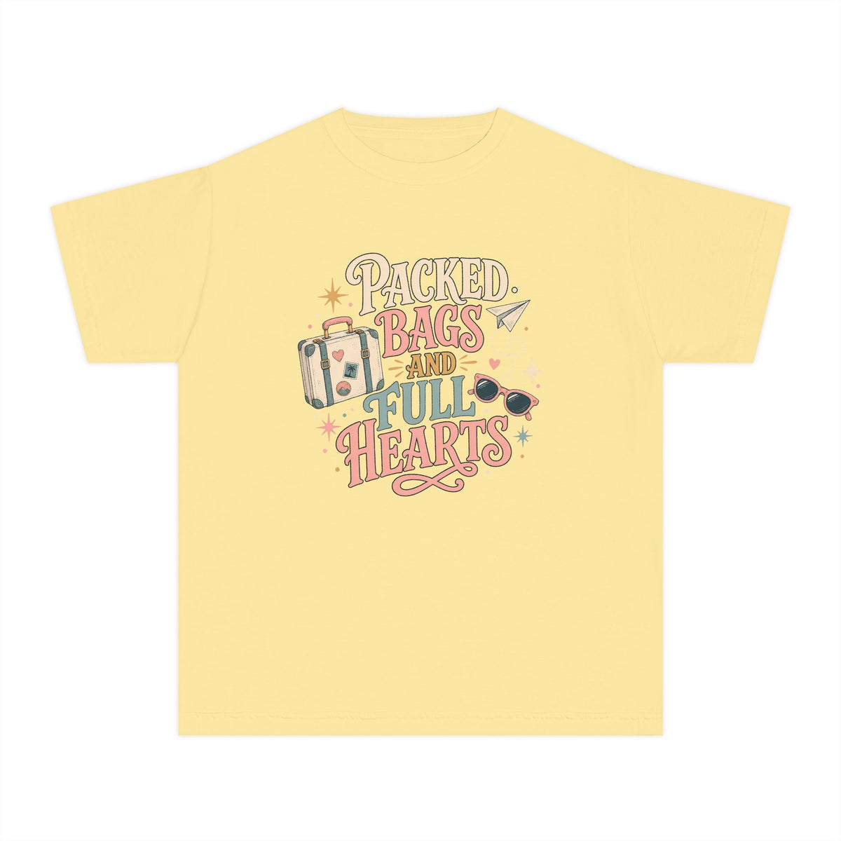 Packed Bags and Full Hearts Youth Tee – Kids' Comfort Colors Vacation Shirt in Butter – flat lay