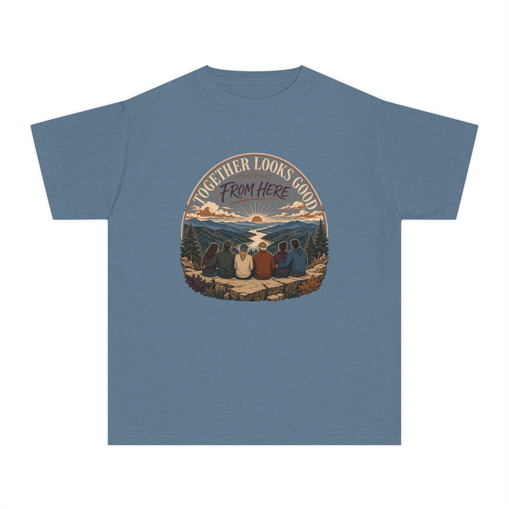 Together Looks Good From Here Youth Tee – Kids' Comfort Colors Scenic Overlook Shirt in Blue Jean – flat lay