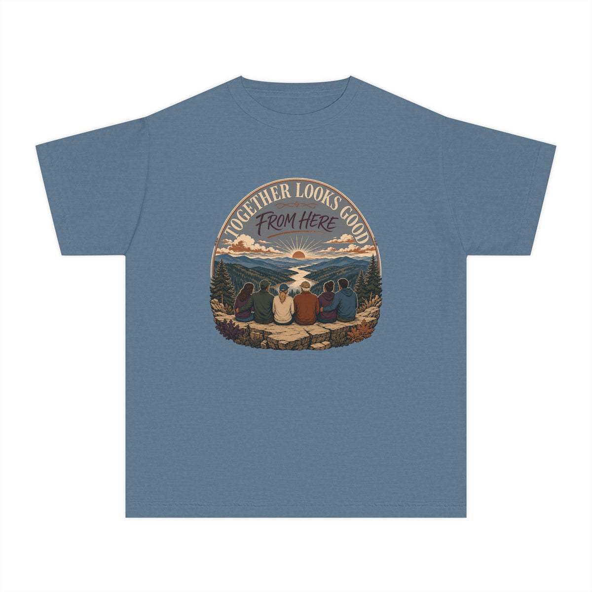 Together Looks Good From Here Youth Tee – Kids' Comfort Colors Scenic Overlook Shirt in Blue Jean – flat lay