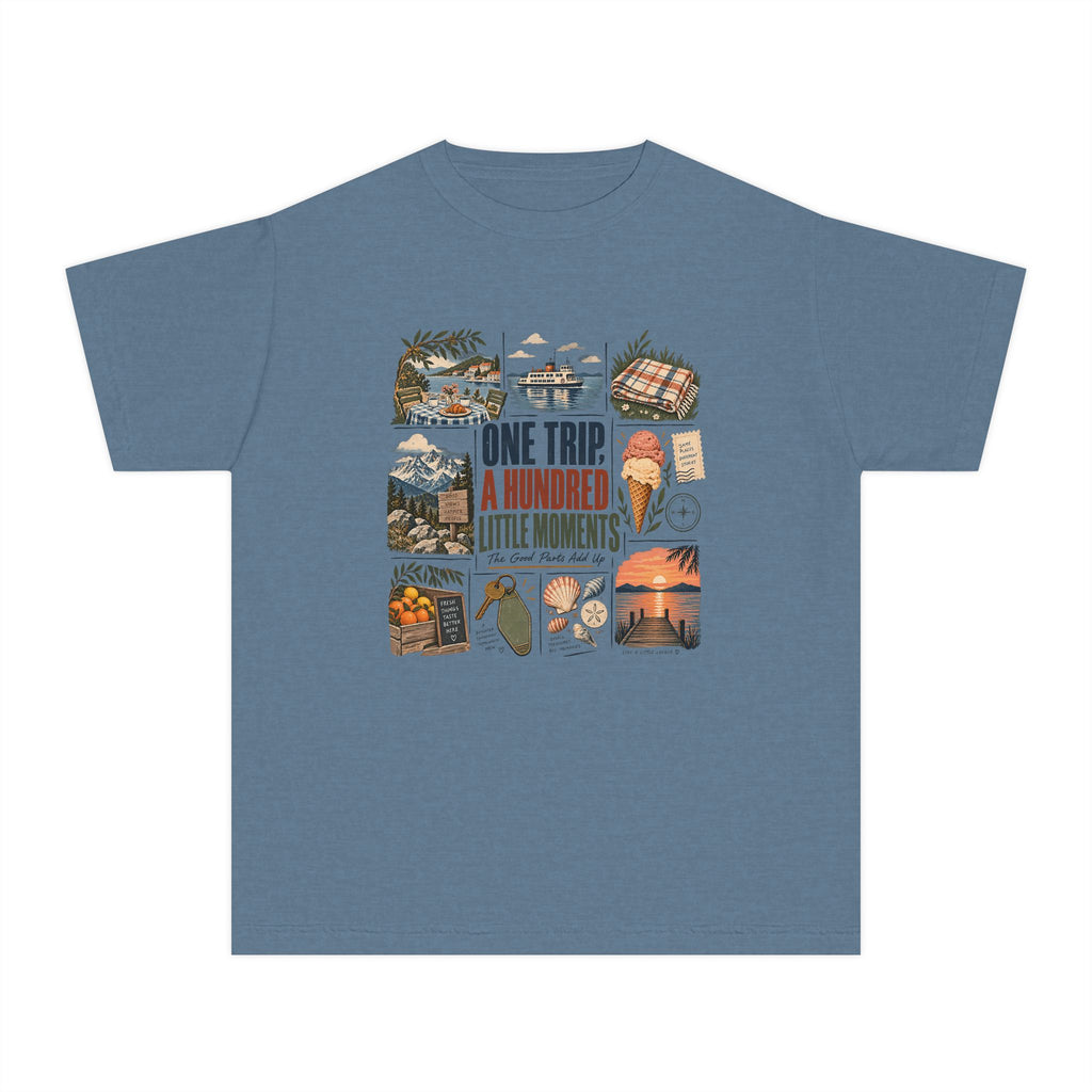 One Trip a Hundred Little Moments Youth Tee – Kids' Comfort Colors Family Travel Shirt in Blue Jean – flat lay
