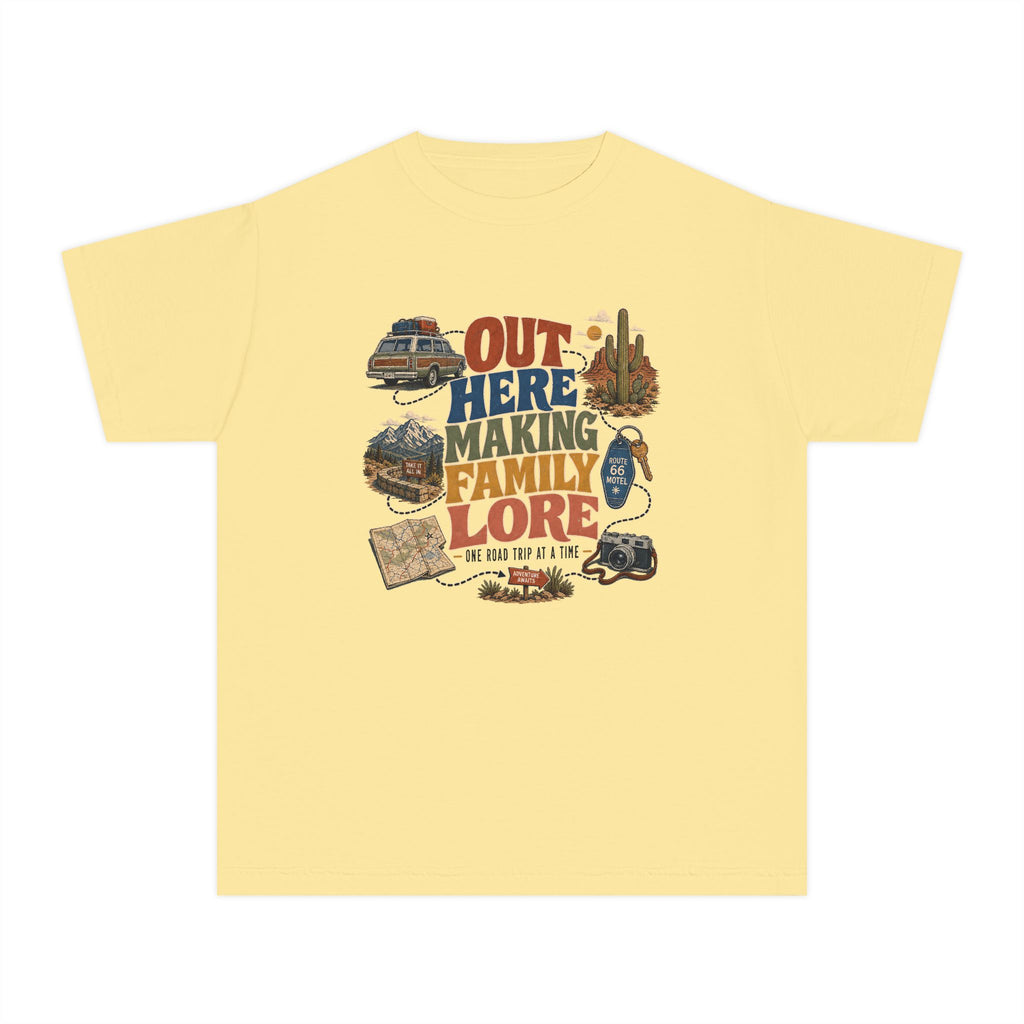 Out Here Making Family Lore Youth Tee – Kids' Comfort Colors Road Trip Shirt in Butter – flat lay