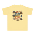 Out Here Making Family Lore Youth Tee – Kids' Comfort Colors Road Trip Shirt in Butter – flat lay