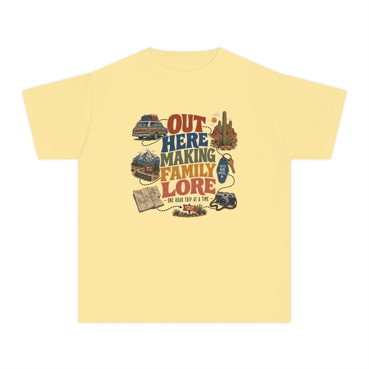 Out Here Making Family Lore Youth Tee – Kids' Comfort Colors Road Trip Shirt in Butter – flat lay
