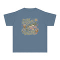 Slow Down We're on Vacation Youth Tee – Kids' Comfort Colors Travel Shirt in Blue Jean – flat lay
