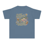 Slow Down We're on Vacation Youth Tee – Kids' Comfort Colors Travel Shirt in Blue Jean – flat lay