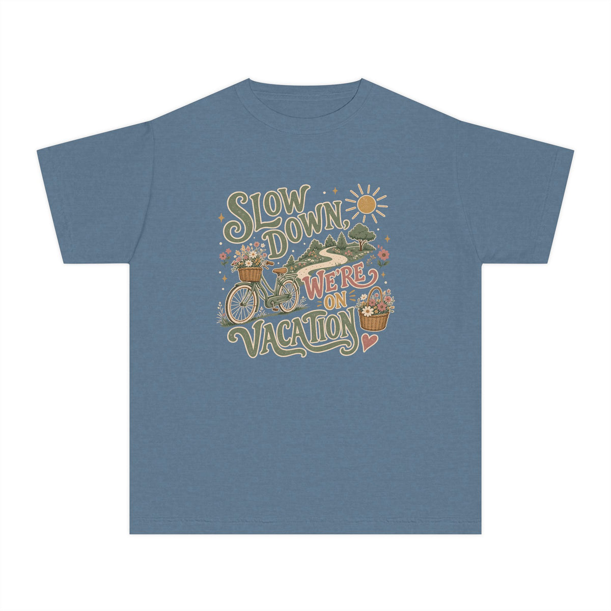Slow Down We're on Vacation Youth Tee – Kids' Comfort Colors Travel Shirt in Blue Jean – flat lay