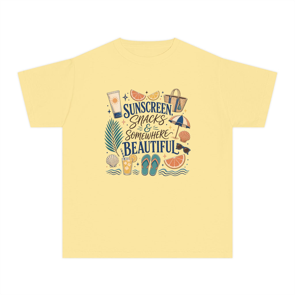 Sunscreen Snacks and Somewhere Beautiful Youth Tee – Kids' Comfort Colors Beach Vacation Shirt in Butter – flat lay