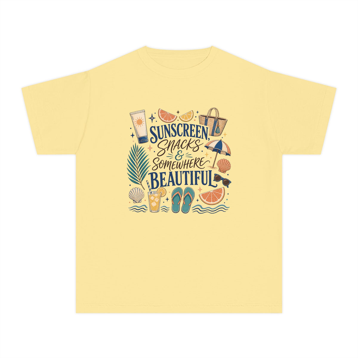 Sunscreen Snacks and Somewhere Beautiful Youth Tee – Kids' Comfort Colors Beach Vacation Shirt in Butter – flat lay