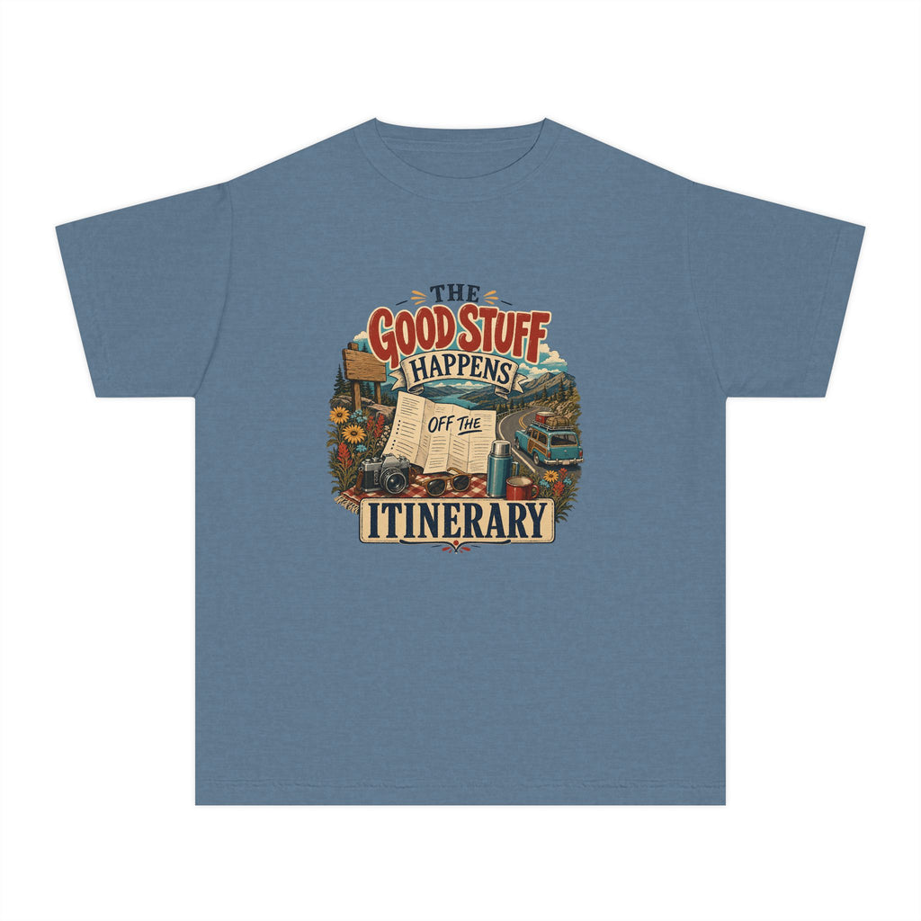 The Good Stuff Happens Off the Itinerary Youth Tee – Kids' Comfort Colors Family Travel Shirt in Blue Jean – flat lay