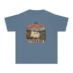 The Good Stuff Happens Off the Itinerary Youth Tee – Kids' Comfort Colors Family Travel Shirt in Blue Jean – flat lay