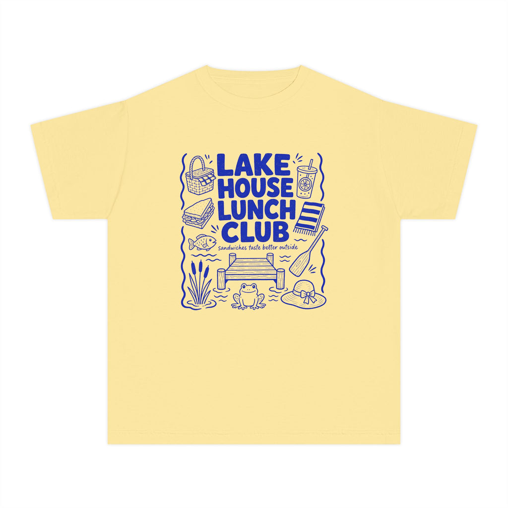 Lake House Lunch Club Youth Tee – Kids' Comfort Colors Lake Vacation Shirt in Butter – flat lay