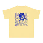 Lake House Lunch Club Youth Tee – Kids' Comfort Colors Lake Vacation Shirt in Butter – flat lay