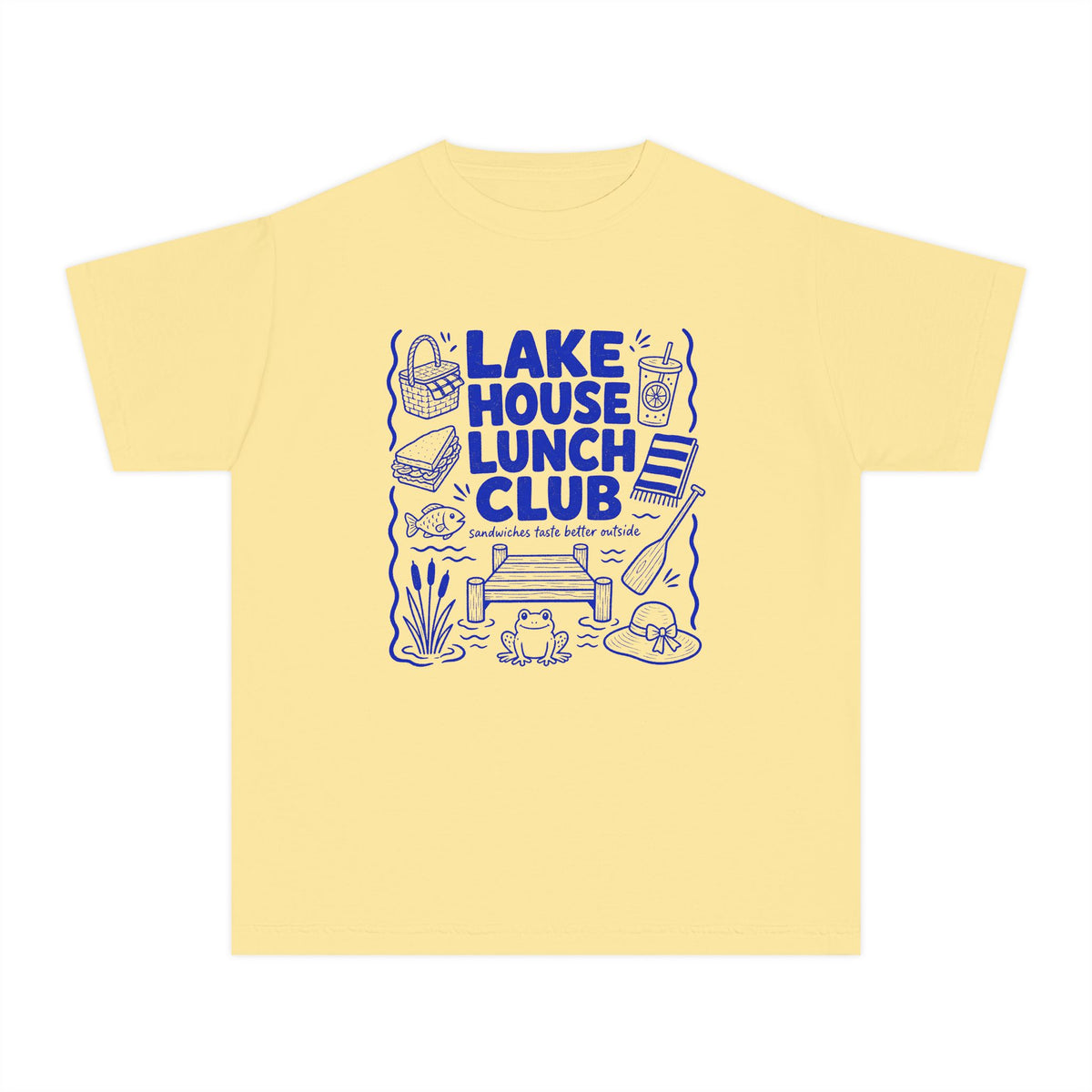 Lake House Lunch Club Youth Tee – Kids' Comfort Colors Lake Vacation Shirt in Butter – flat lay