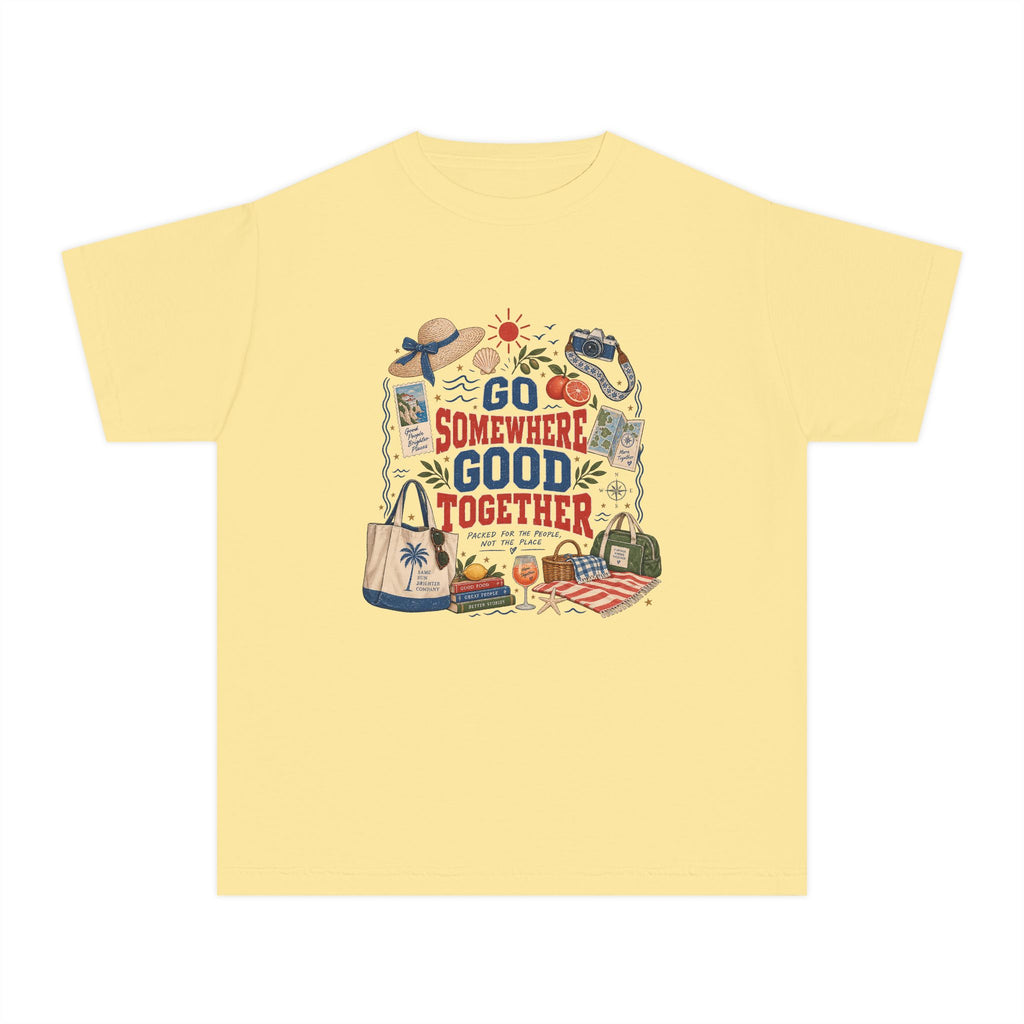 Go Somewhere Good Together Youth Tee – Kids' Comfort Colors Beach Vacation Shirt in Butter – flat lay