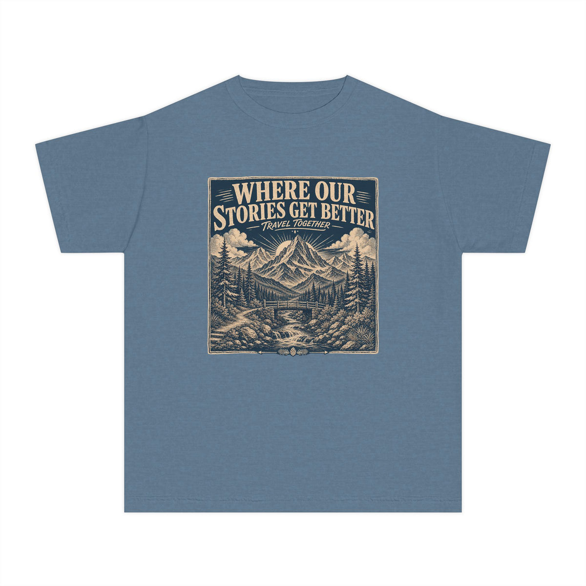 Where Our Stories Get Better Youth Tee – Kids' Comfort Colors Mountain Adventure Shirt in Blue Jean – flat lay