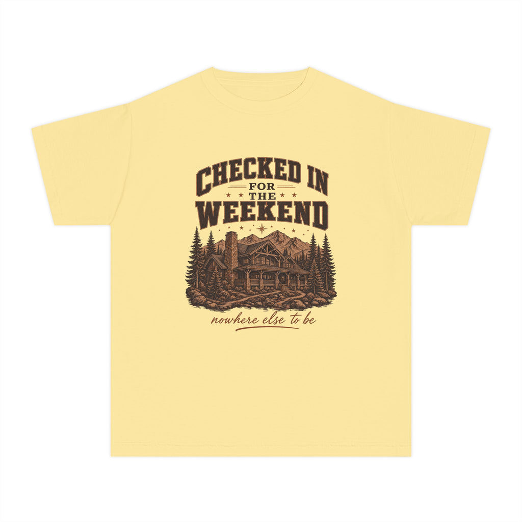 Checked In for the Weekend Youth Tee – Kids' Comfort Colors Cabin Weekend Shirt in Butter – flat lay