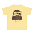 Checked In for the Weekend Youth Tee – Kids' Comfort Colors Cabin Weekend Shirt in Butter – flat lay