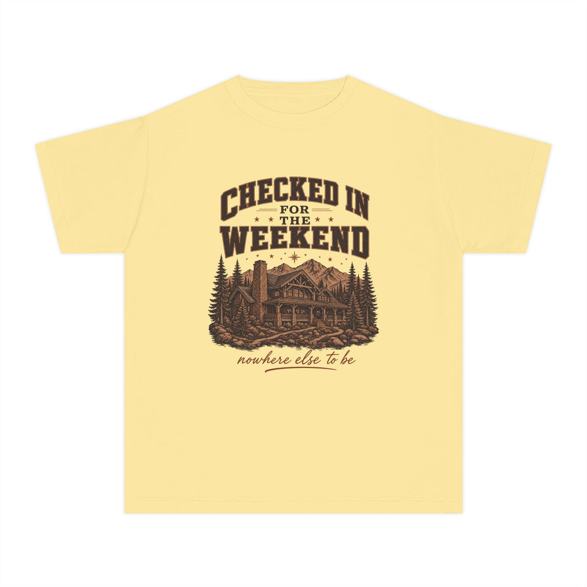 Checked In for the Weekend Youth Tee – Kids' Comfort Colors Cabin Weekend Shirt in Butter – flat lay